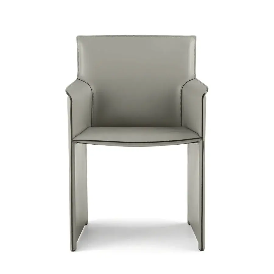 Superior Enrico Pellizzoni Pasqualina armchair in grayish-green leather with visible stitching and integrated armrests