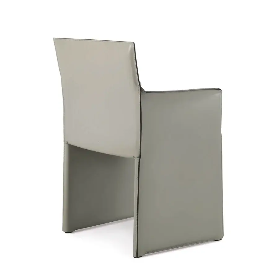 Elegant Enrico Pellizzoni Pasqualina armchair in muted grey-green leather with visible stitching and darker grey accents
