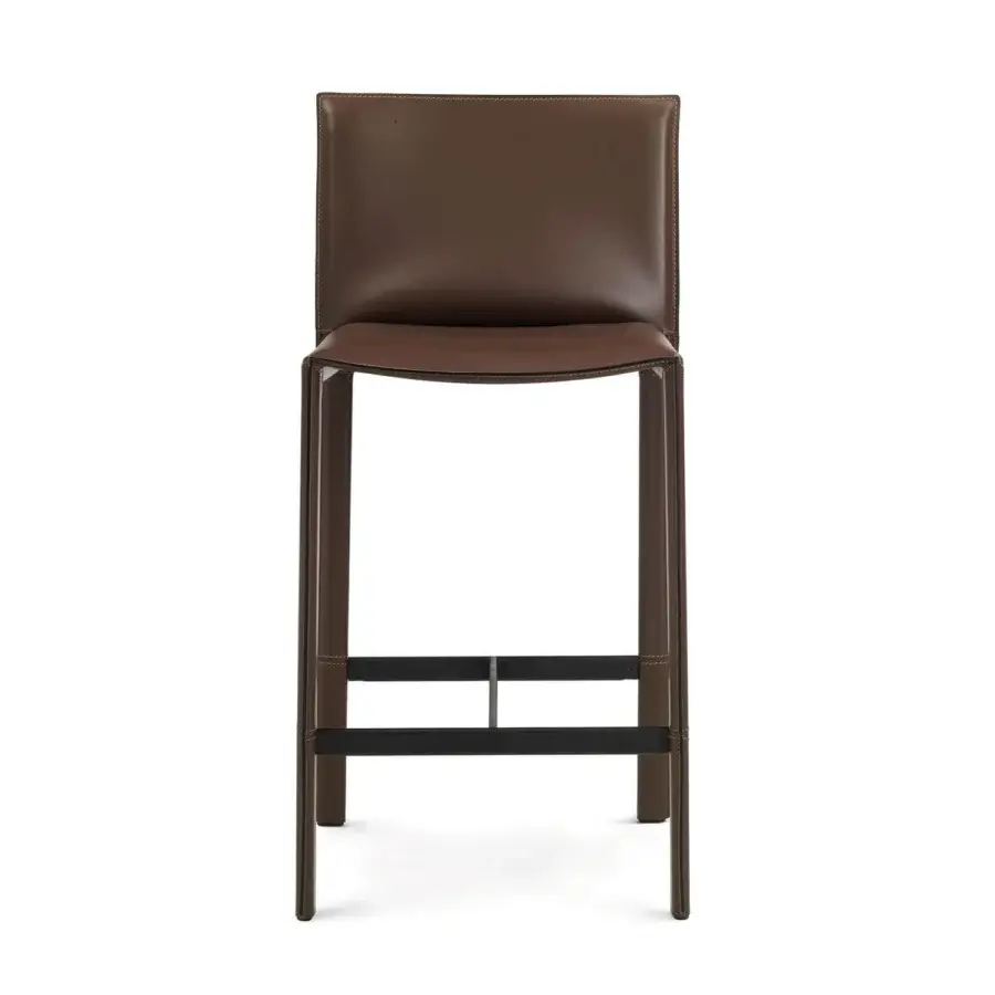 Elegant Enrico Pellizzoni Pasqualina counter stool upholstered in medium brown leather with dark matte metal frame
