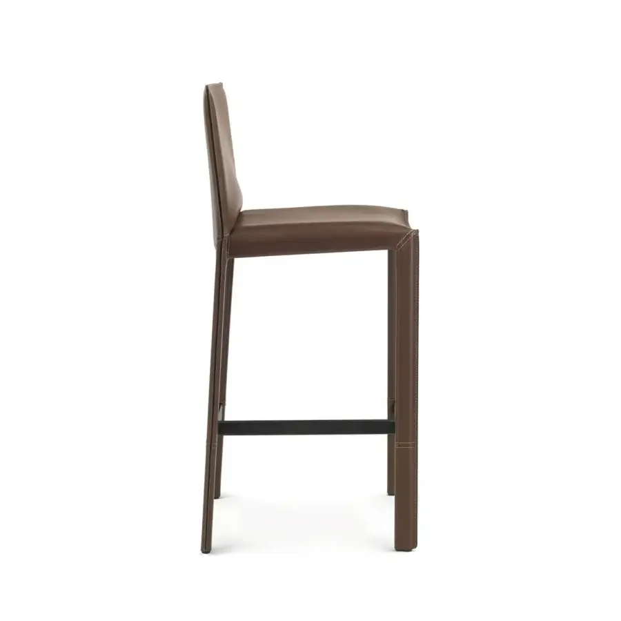 Exceptional Enrico Pellizzoni Pasqualina counter stool upholstered in medium brown leather with matte finish