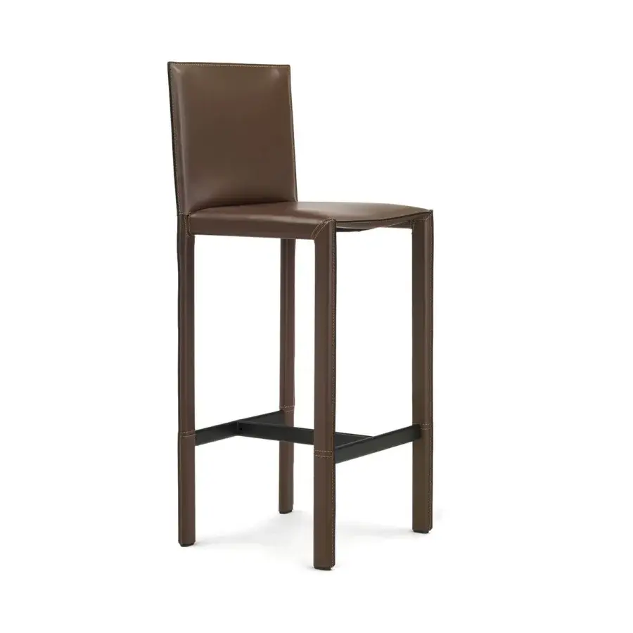 Distinguished Enrico Pellizzoni Pasqualina counter stool crafted in medium brown leather with exposed stitching and matte wood legs