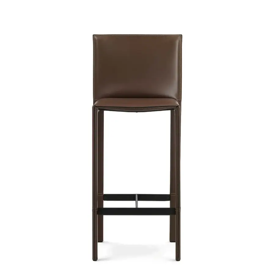 Sophisticated Enrico Pellizzoni Pasqualina counter stool upholstered in medium brown leather with meticulous wood frame