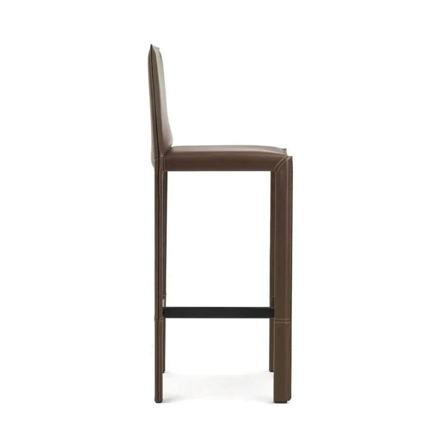 Lavish Enrico Pellizzoni Pasqualina counter stool built in warm brown leather with exposed stitching and minimalist aesthetic