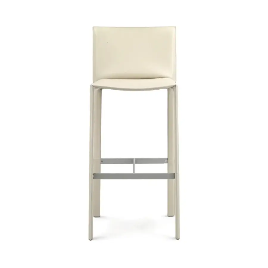 Exceptional Enrico Pellizzoni Pasqualina counter stool upholstered in pale beige leather with a light gray metal frame and matte finish