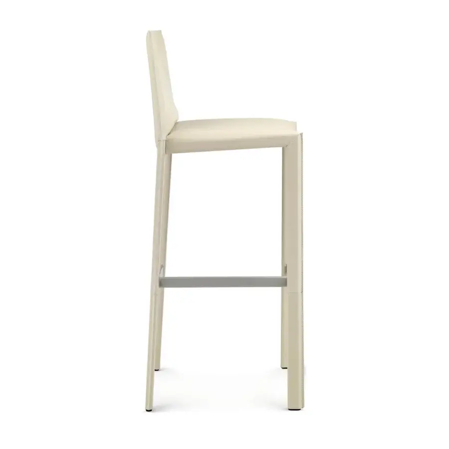 Distinguished Enrico Pellizzoni Pasqualina counter stool crafted in pale beige leather with exposed stitching for balanced comfort
