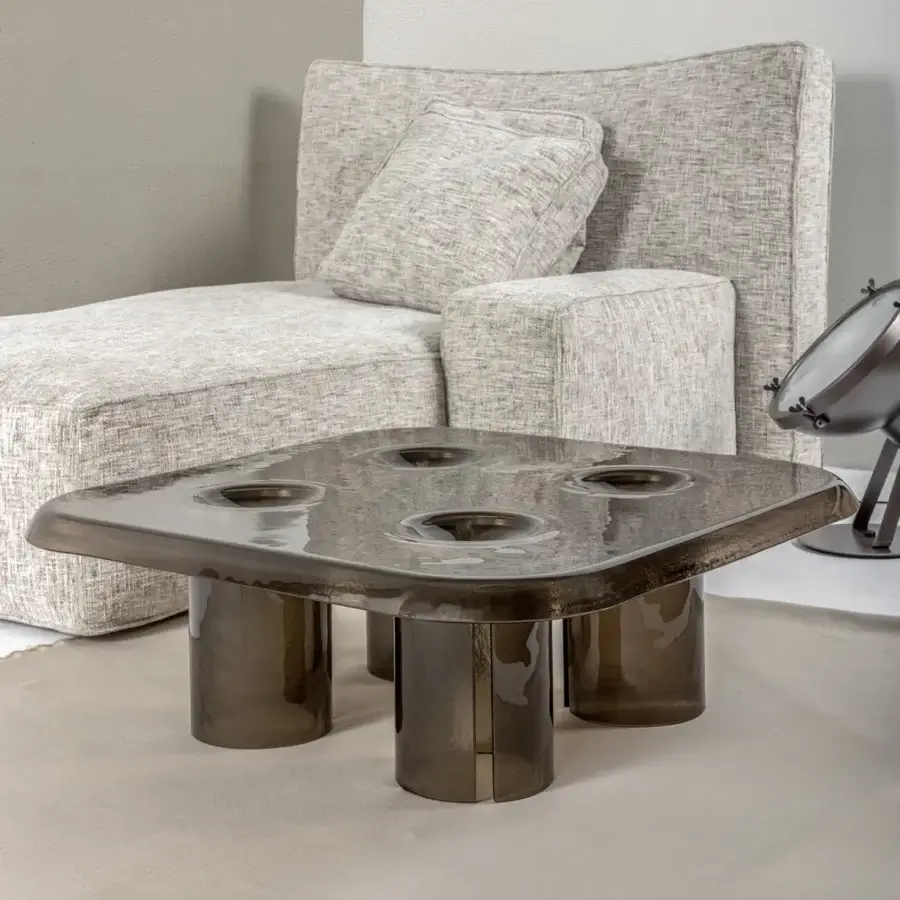 Innovative Driade Coupelle coffee table in brownish-grey translucent material with a glossy finish and cylindrical legs