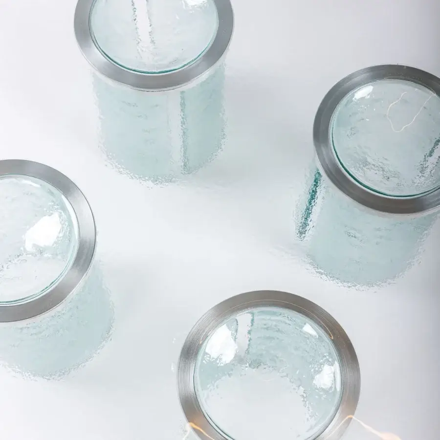 Exceptional Driade Coupelle coffee table in pale blue thermoformed glass with satin metal rings and polished rim