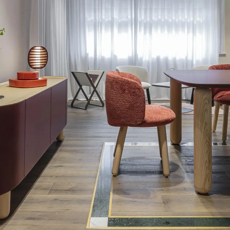 Luxury Enrico Pellizzoni Isabel sideboard crafted in Canaletto walnut with lavish burgundy leather and integrated lighting