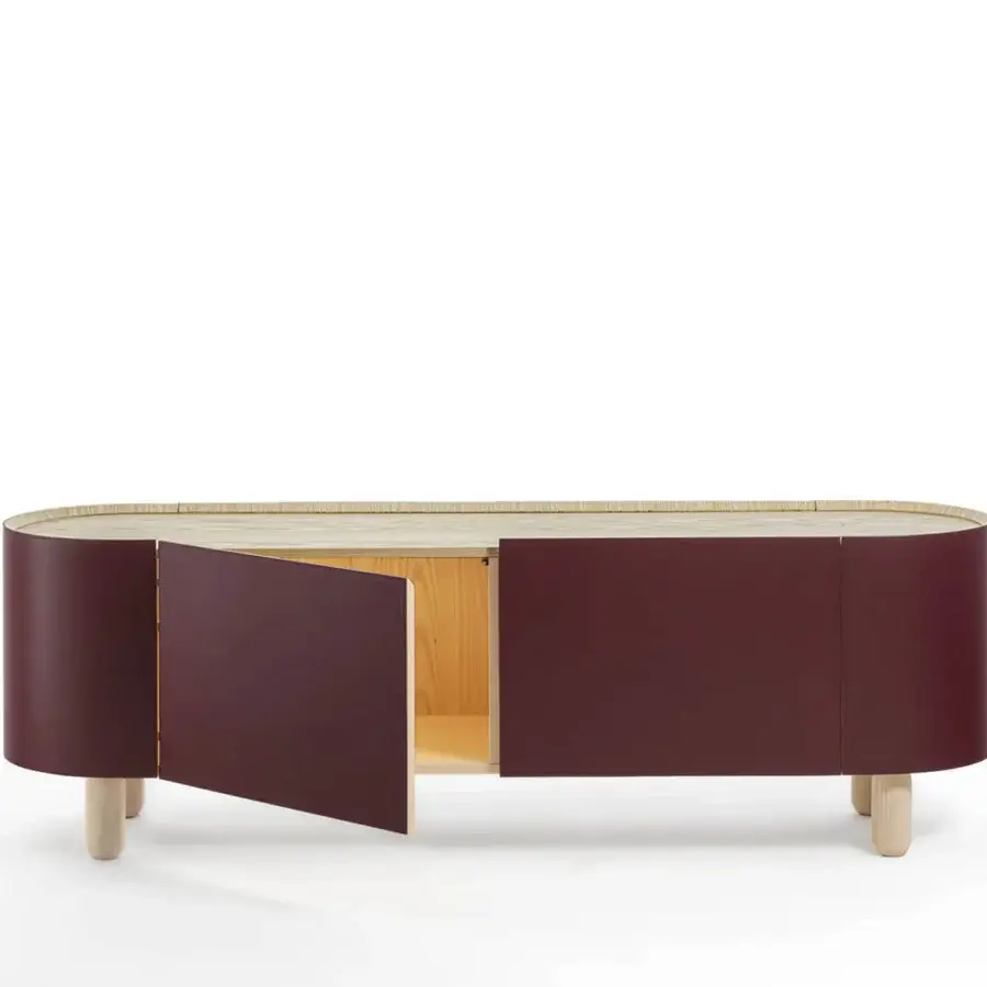 Distinguished Enrico Pellizzoni Isabel sideboard crafted with fine ash and luxurious burgundy leather with a smooth wood top