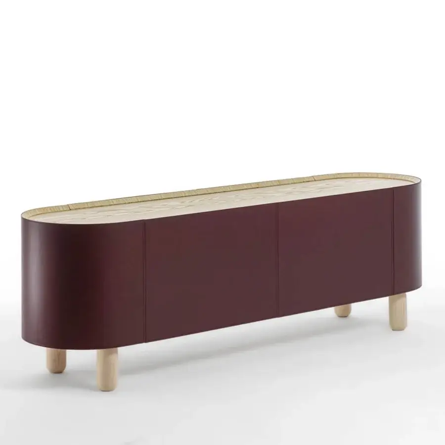 Superior Enrico Pellizzoni Isabel sideboard with curved silhouette, burgundy leather and Canaletto walnut construction with integrated lighting