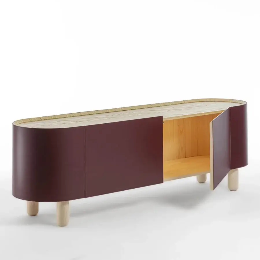Distinguished Enrico Pellizzoni Isabel sideboard crafted with burgundy leather and ash wood, exhibiting a satin finish