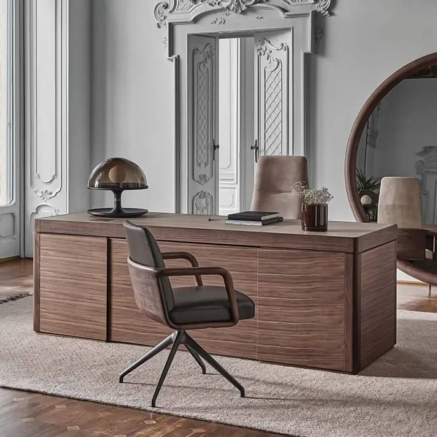 Sophisticated Porada Agea desk crafted with solid canaletta walnut in medium-brown tones and satin finish featuring integrated cabinetry