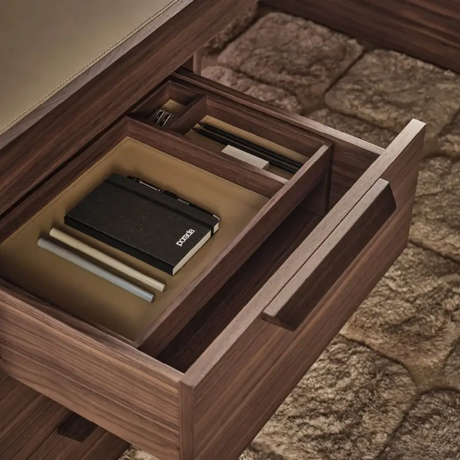 Exceptional Porada Agea desk crafted with solid canaletta walnut in a satin finish and Cuoietto lined drawers