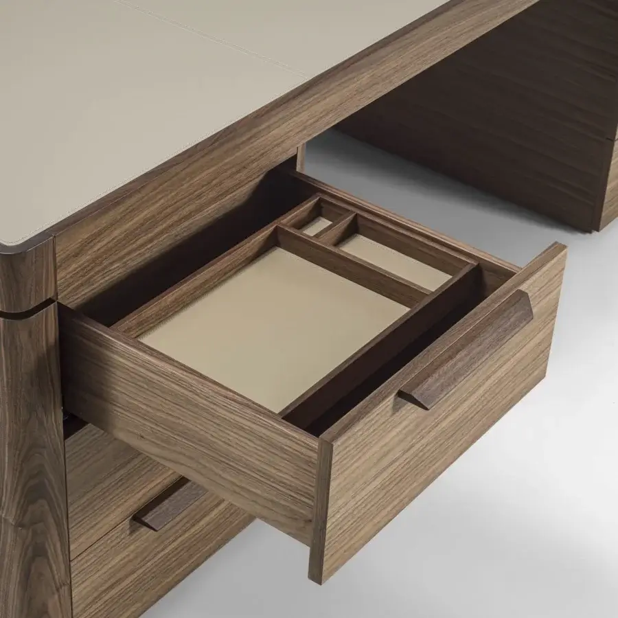 Superior Porada Agea desk crafted with solid canaletta walnut, satin finish and Cuoietto-lined drawers with integrated outlets