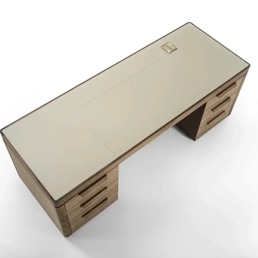 Elegant Porada Agea desk crafted with solid canaletta walnut, a satin finish and a muted beige glass top