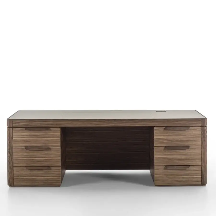 Superior Porada Agea desk crafted with solid canaletta walnut, a satin finish and integrated outlets