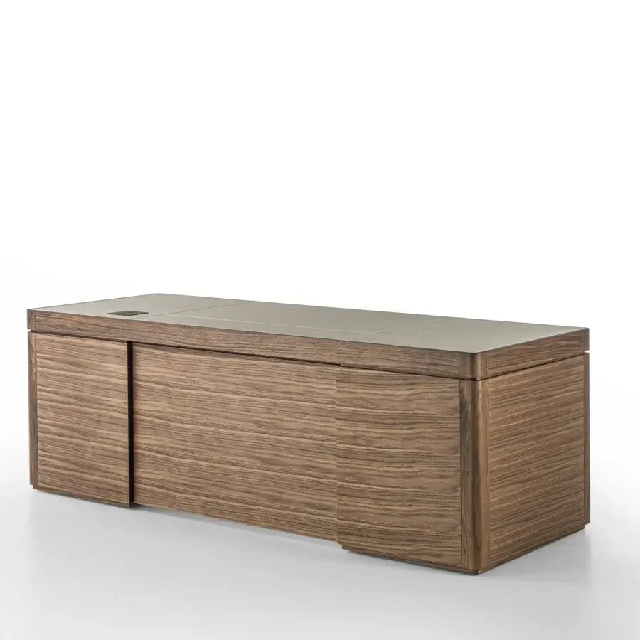 Distinguished Porada Agea desk crafted with solid canaletta walnut, exhibiting a satin finish and Cuoietto-lined drawers with integrated technology