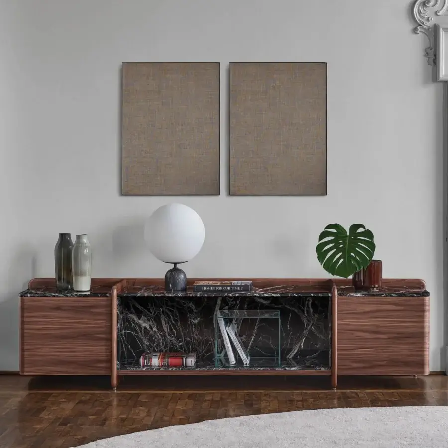 Distinguished Porada Akeru sideboard with canaletta walnut and contrasting marble, built with sleek dark panels framing a geometric metal grid