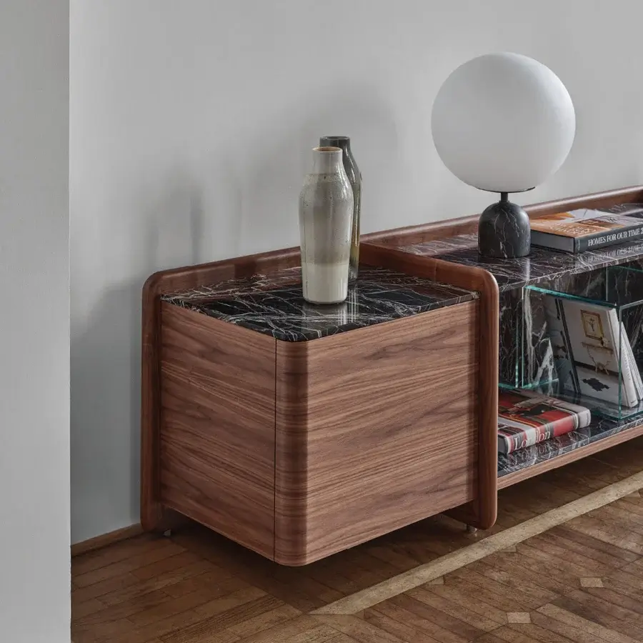 Harmonious Porada Akeru sideboard built with canaletta walnut and a striking marble top in satin finish