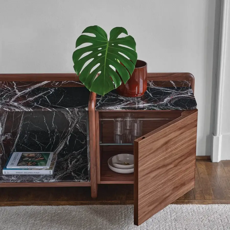 Exceptional Porada Akeru sideboard built with canaletta walnut and polished marble, exhibiting a balanced geometric silhouette