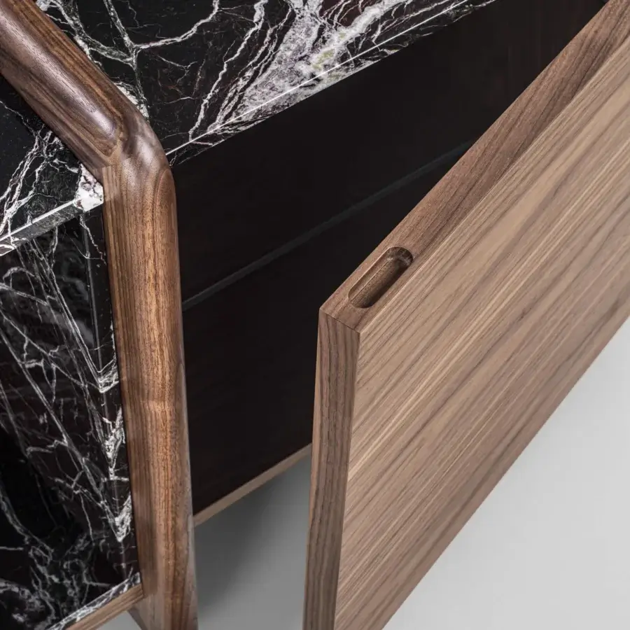 Elegant Porada Akeru sideboard in canaletta walnut with a satin finish and striking black and white marble top