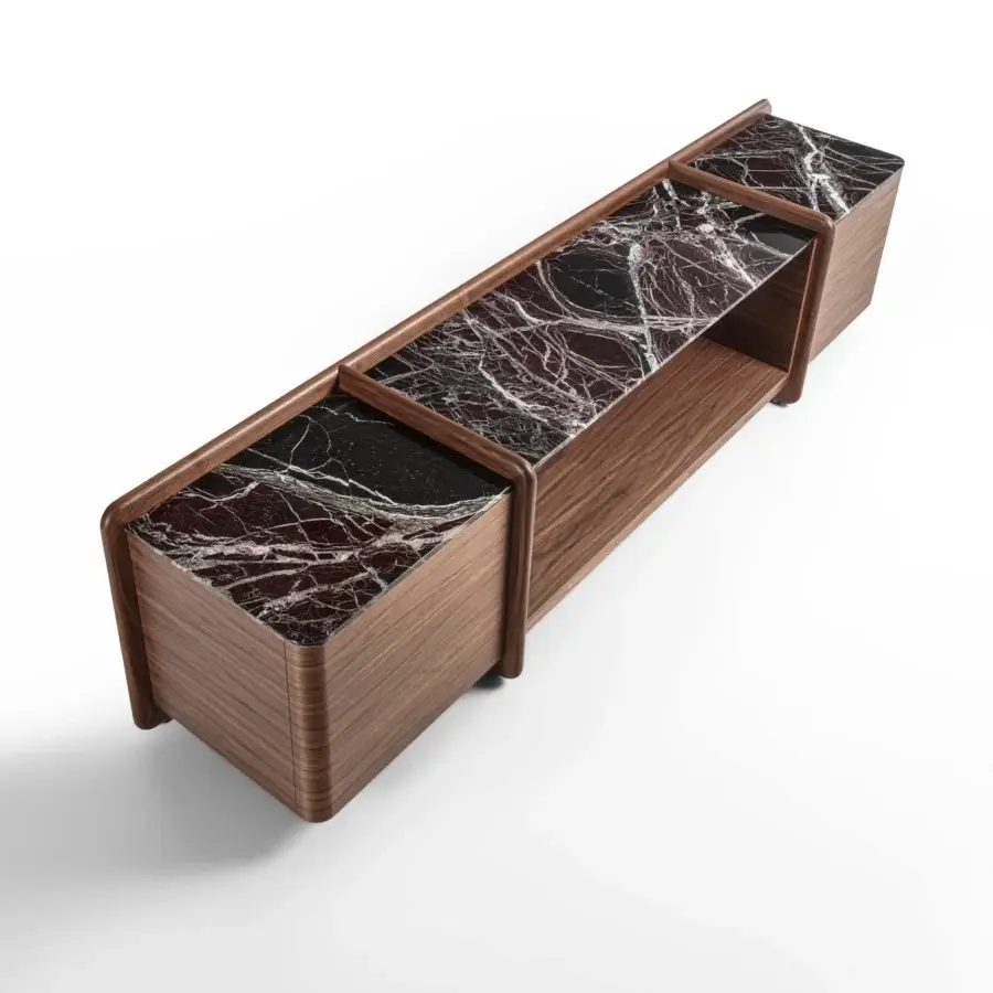 Superior Porada Akeru sideboard crafted in canaletta walnut with a satin finish and striking marble top