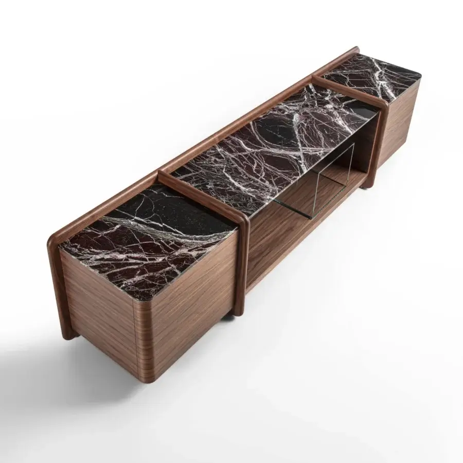 Harmonious Porada Akeru sideboard built in canaletta walnut with satin finish and striking marble accents