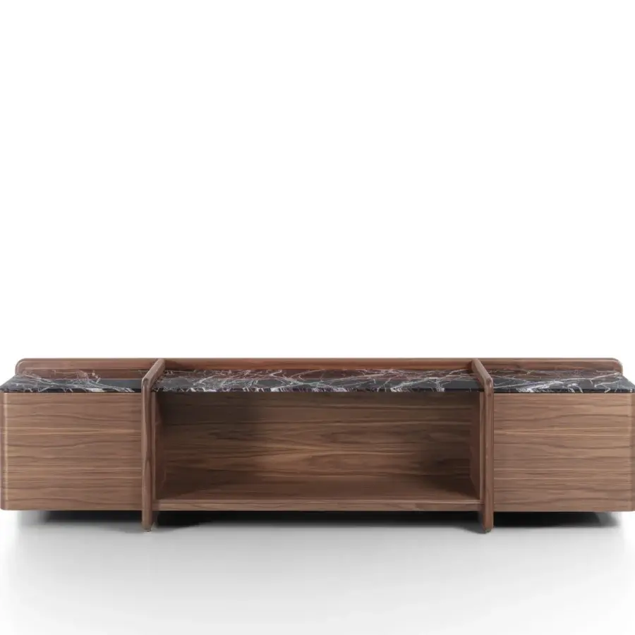 Exceptional Porada Akeru sideboard crafted in canaletta walnut with a marble top and satin finish