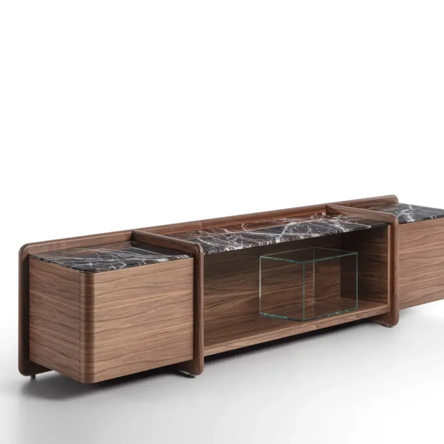 Distinguished Porada Akeru sideboard crafted in canaletta walnut with a satin finish and striking marble top