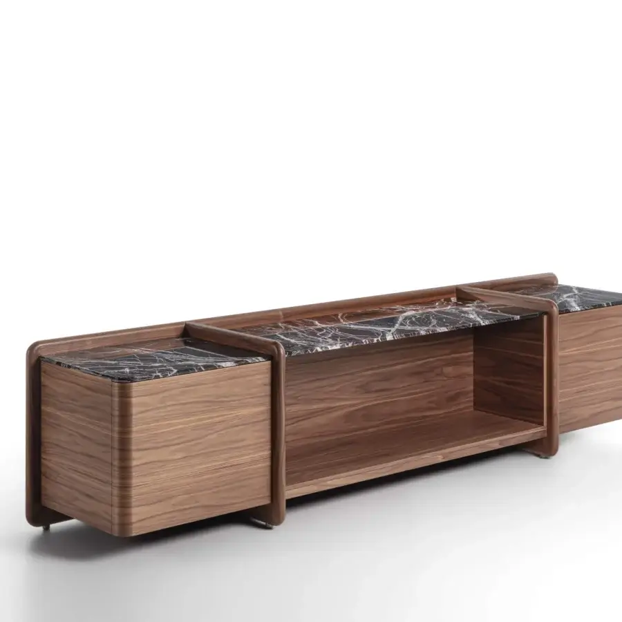 Elegant Porada Akeru sideboard crafted in canaletta walnut with a satin finish and striking marble top