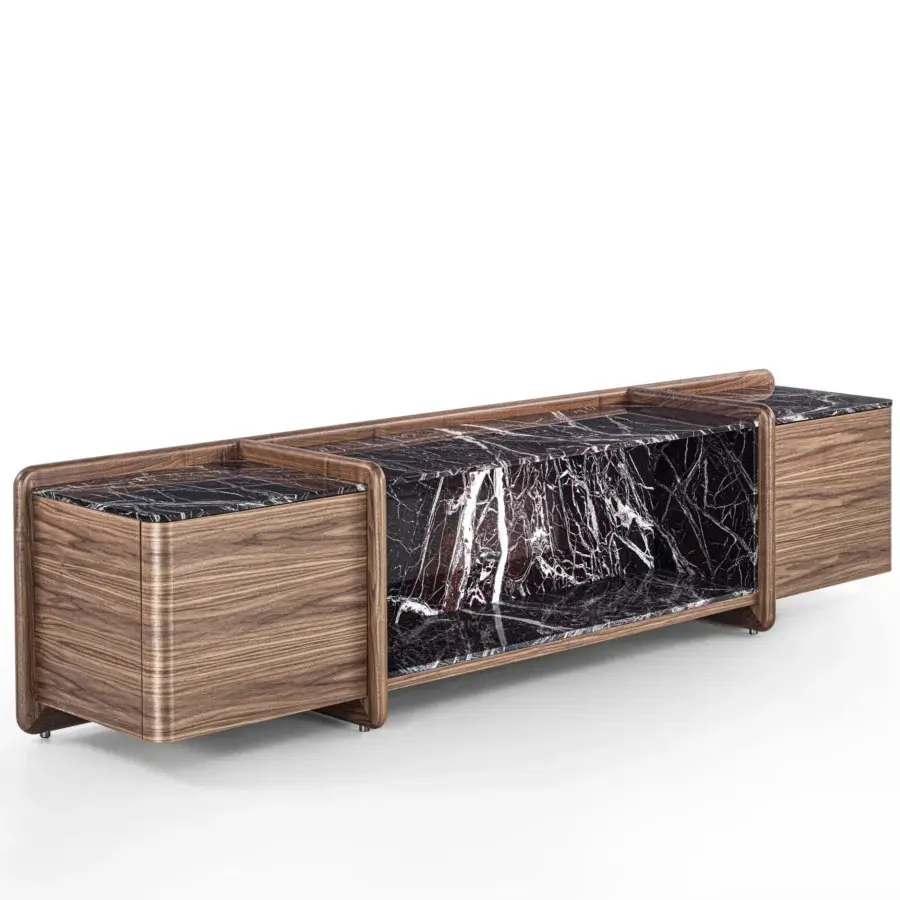 Harmonious Porada Akeru sideboard built in canaletta walnut with satin finish and striking marble accents