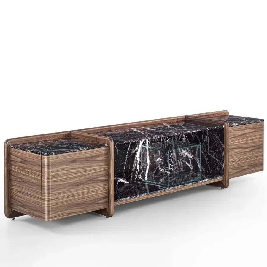 Distinguished Porada Akeru sideboard crafted in canaletta walnut with a striking marble top and push-pull opening doors