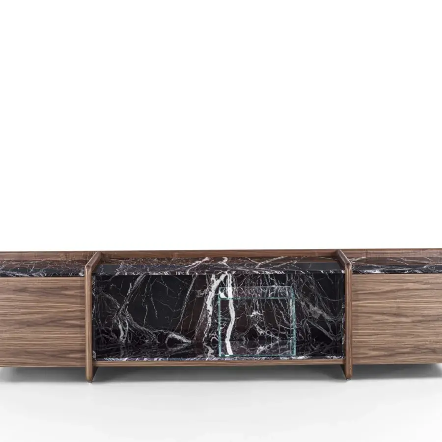 Exceptional Porada Akeru sideboard crafted in canaletta walnut with a stunning marble top for a refined aesthetic