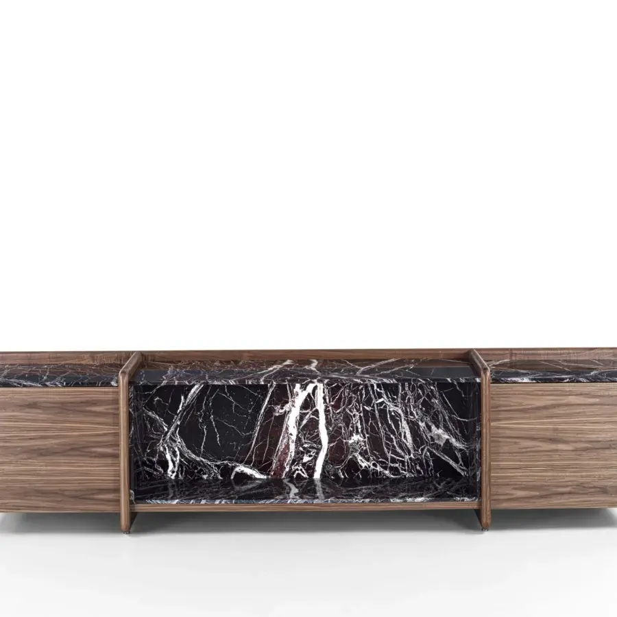 Superior Porada Akeru sideboard crafted in canaletta walnut with a captivating marble surface and satin finish