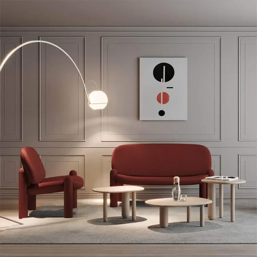 Distinguished Driade Tottori coffee table with a softly contoured tabletop crafted from solid wood and pale beige brushed glossy lacquer