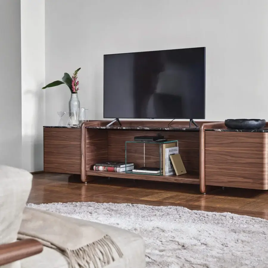 Distinguished Porada Akeru TV stand crafted in canaletta walnut with a satin finish embodies contemporary luxury and effortless cable management