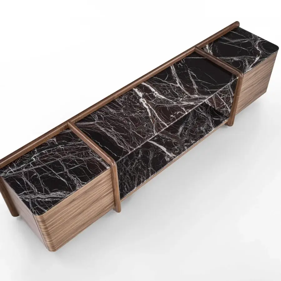 Superior Porada Akeru TV stand crafted in canaletta walnut with a striking marble top and rounded edges