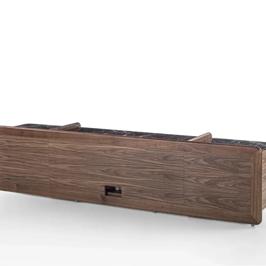 Elegant Porada Akeru TV stand crafted in canaletta walnut with a marble top and recessed paneling