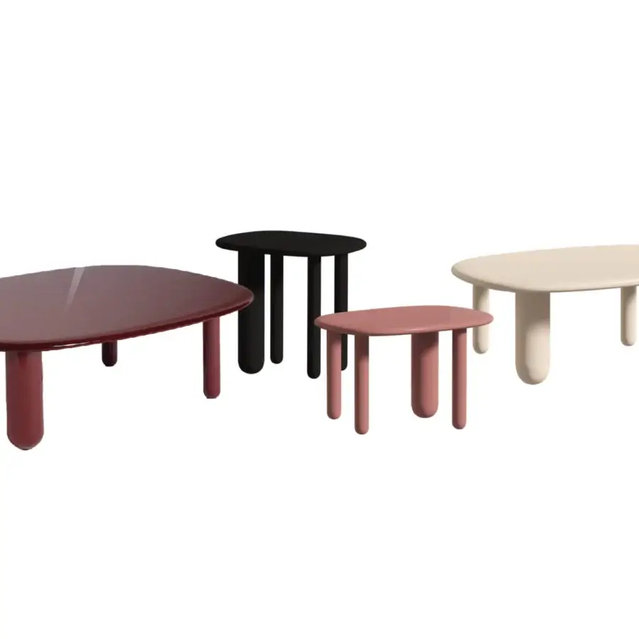 Distinctive Driade Tottori coffee table with softly contoured tabletop and rose-pink brushed glossy lacquer finish built upon turned solid wood legs