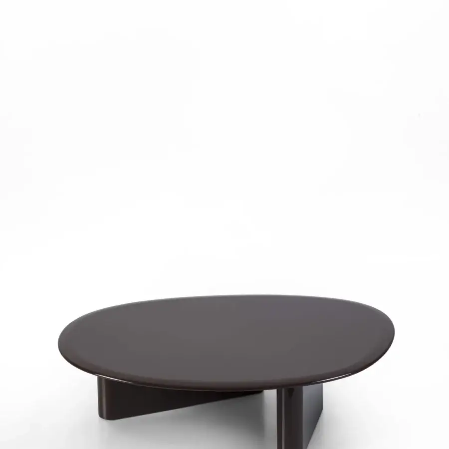 Refined Porada Callisto Brillo coffee table crafted in Italy with a chocolate “Brillo” lacquer and geometric angled wood support