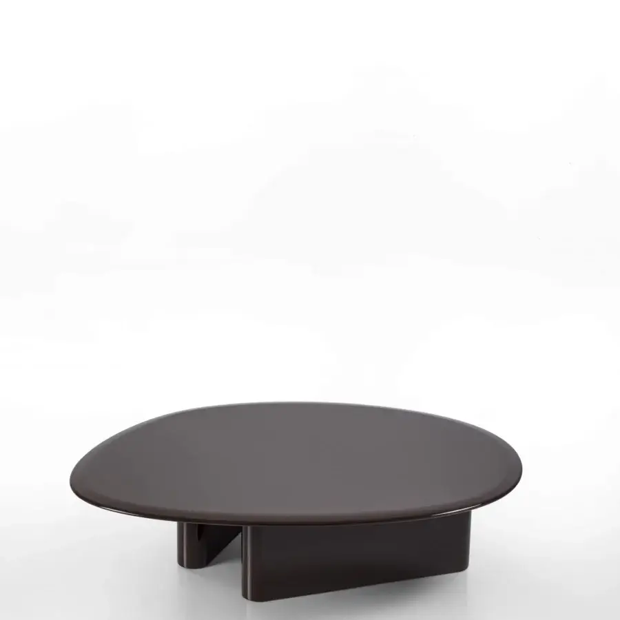 Distinguished Porada Callisto Brillo coffee table crafted in Italy with a rounded triangular tabletop and glossy dark brown lacquer finish