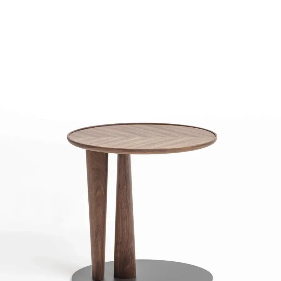 Distinguished Porada Côté side table with chevron inlaid wooden top and dark-toned metal base in satin finish