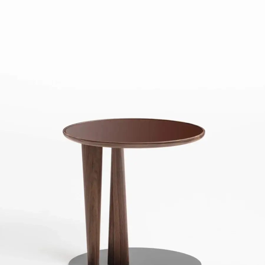 Elegant Porada Côté side table with chevron inlaid wooden top and dark gray matte metal base