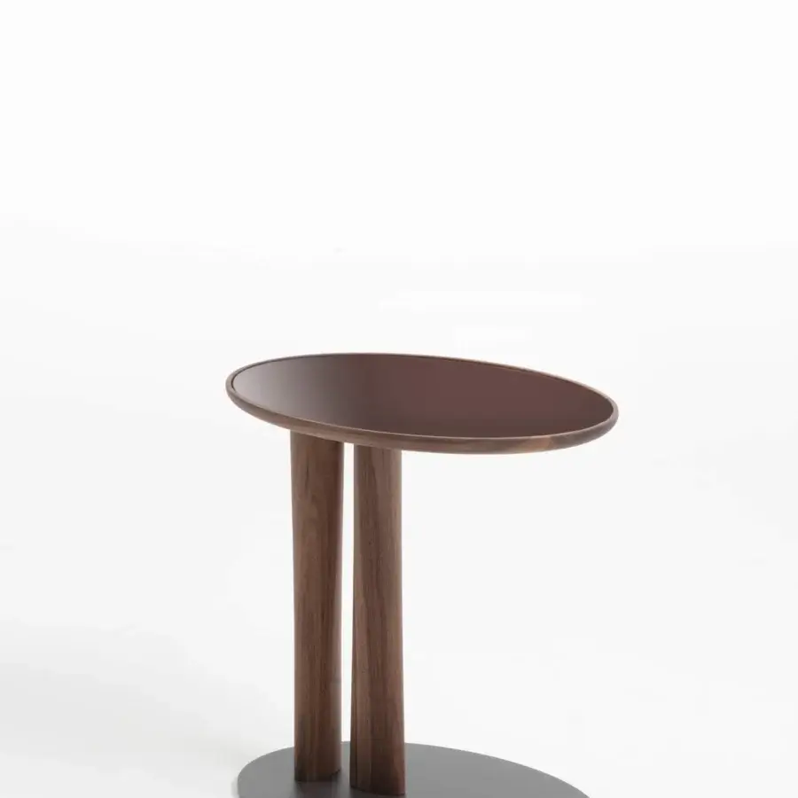 Distinguished Porada Côté side table with chevron inlaid wooden top and satin finish dark toned metal base