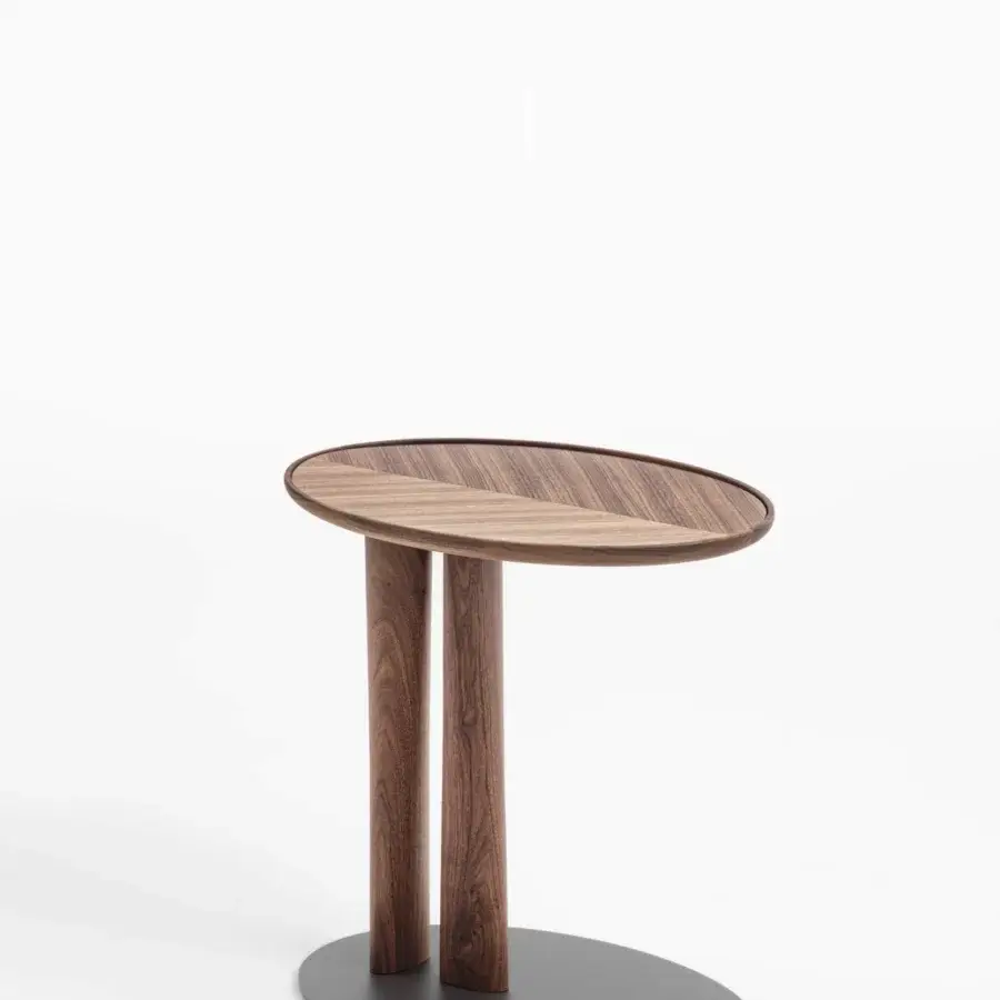 Elegant Porada Côté side table with curved wooden tabletop and dark gray matte metal base crafted with a chevron motif and satin finish