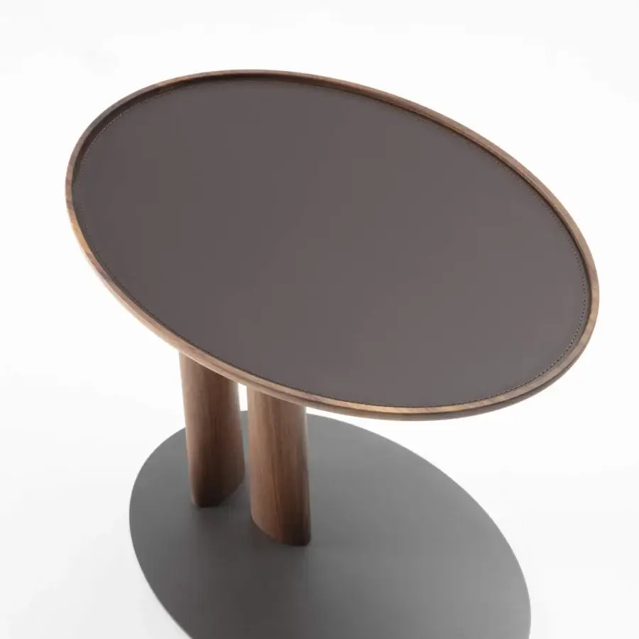Exceptional Porada Côté side table with chevron wooden top and dark gray matte finish built with twisted sculptural legs