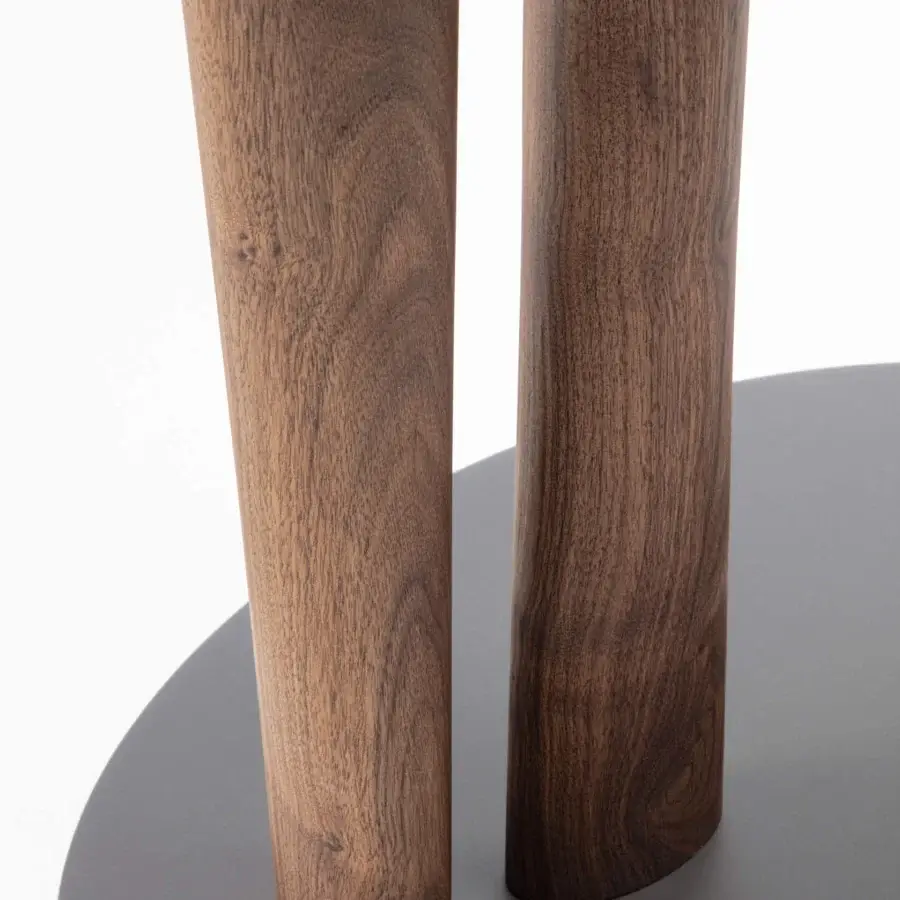 Distinguished Porada Côté side table with chevron inlaid wood and satin finish supported by twisted dark brown legs