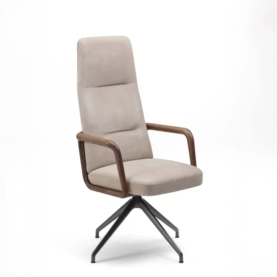 Elegant Porada Cuna swivel chair with sculpted Canaletta walnut frame and comfortable neutral beige upholstery in satin finish