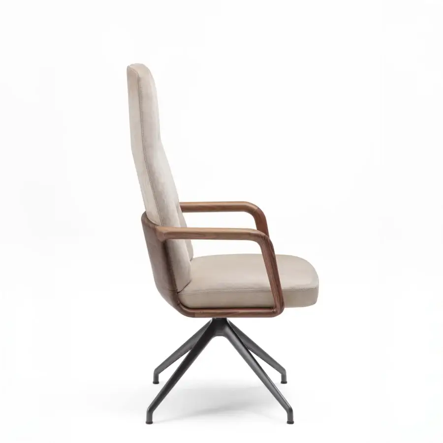 Distinguished Porada Cuna swivel chair with sculpted Canaletta walnut backrest and neutral beige textile upholstery in satin finish