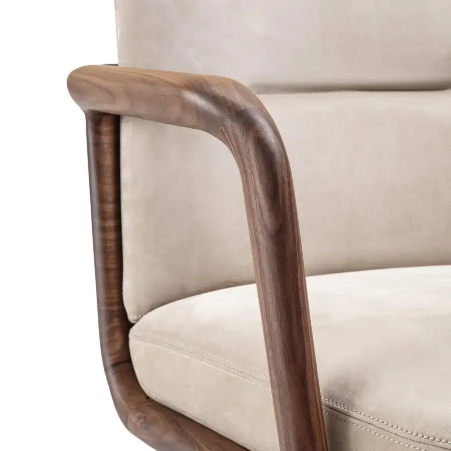 Superior Porada Cuna swivel chair with sculpted solid Canaletta walnut armrests and neutral beige textile upholstery